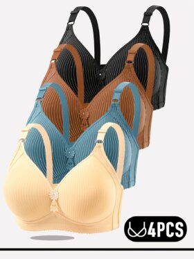 4-delige set plus size gestreepte en effen comfortabele bh's