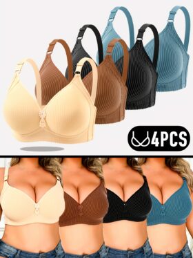 4-delige set plus size gestreepte en effen comfortabele bh's