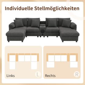 U/L modulaire hoekbank met bluetooth-luidspreker, console en draadloos en USB-opladen